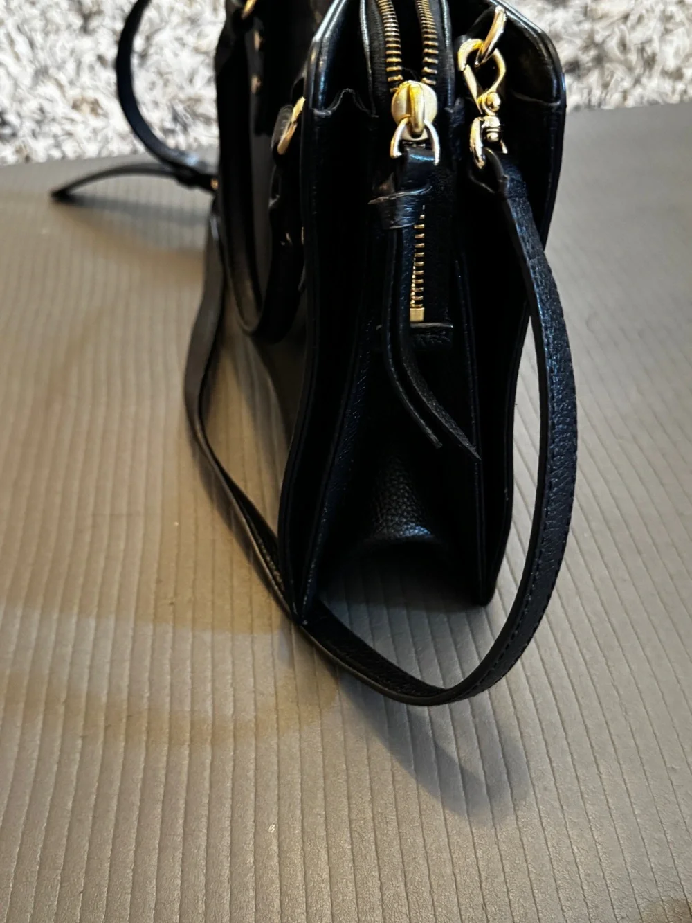 kate spade Black Leather Double-Compartment Satchel with Gold Hardware